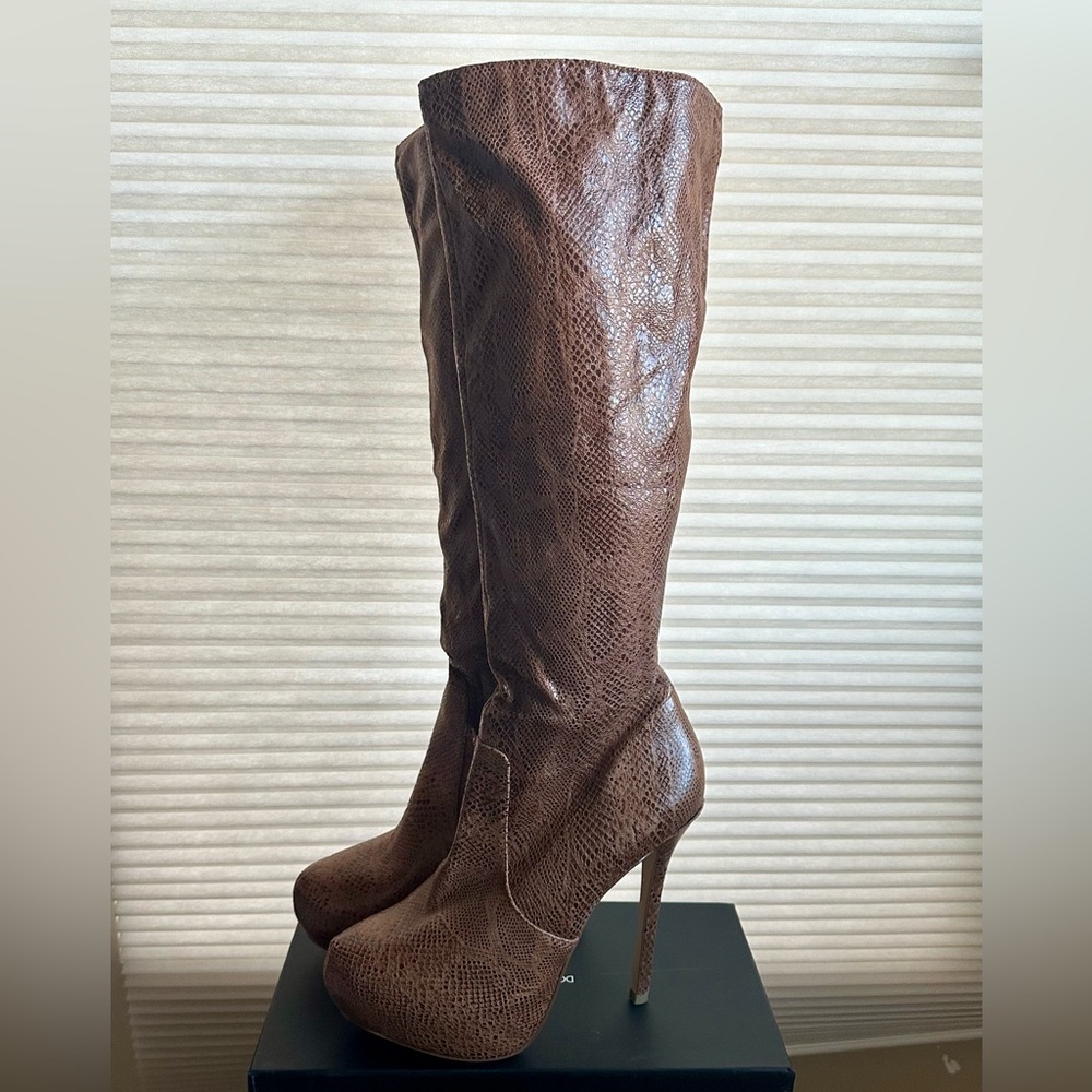 Chic Brown Snakeskin Heeled Boots by Bakers